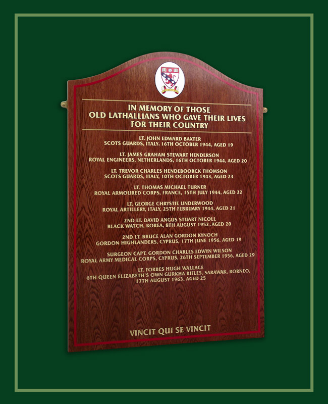 Red oak honours board in memory of those who gave there lives in wartime conflict from Lathallan School in Scotland.