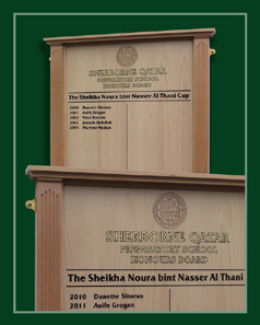 Solid beech framed honours board produced for Sherborne Preparatory School in Qatar.