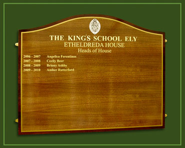 King's School Ely honour board with contasting edge colour and vector cut school logo.